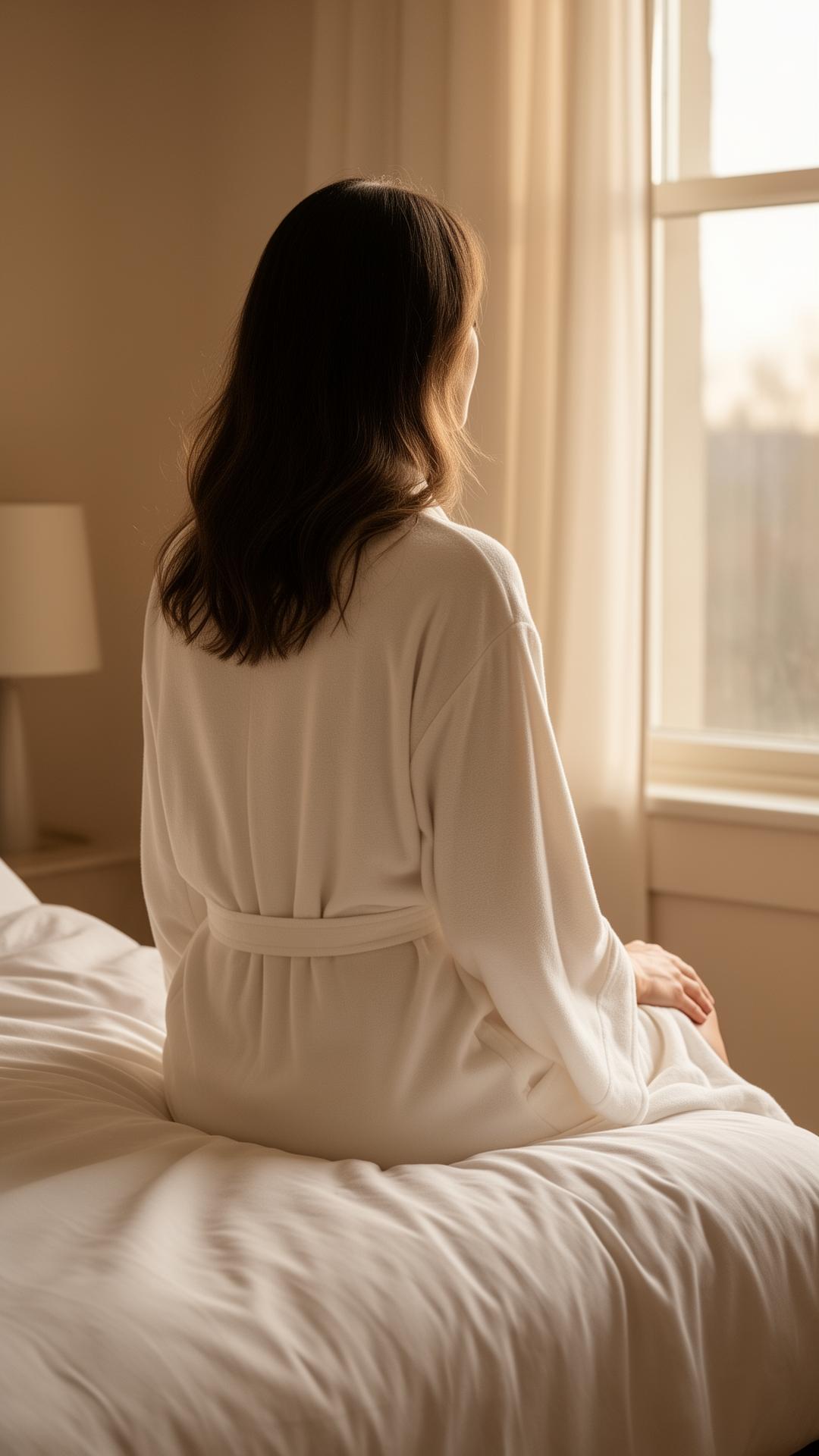 Mujer en bata blanca al amanecer
