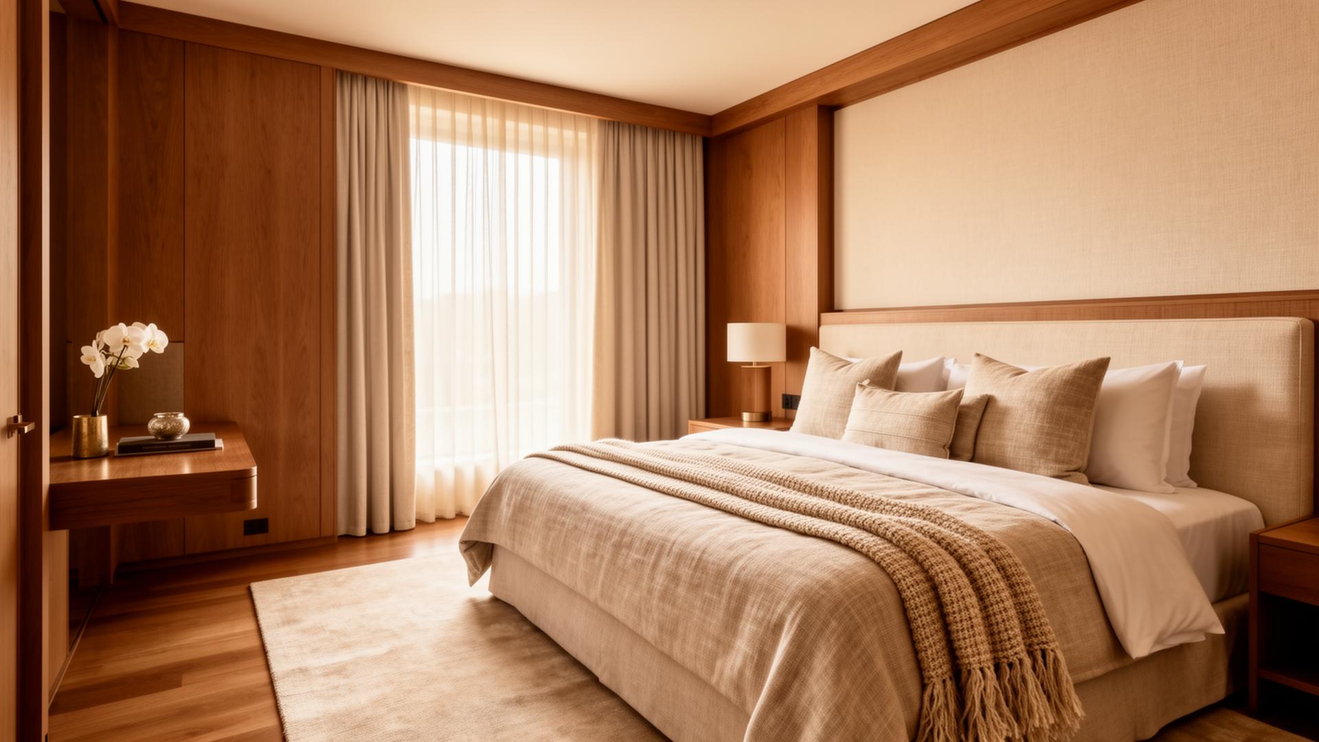 Suite hotelera con textiles cálidos
